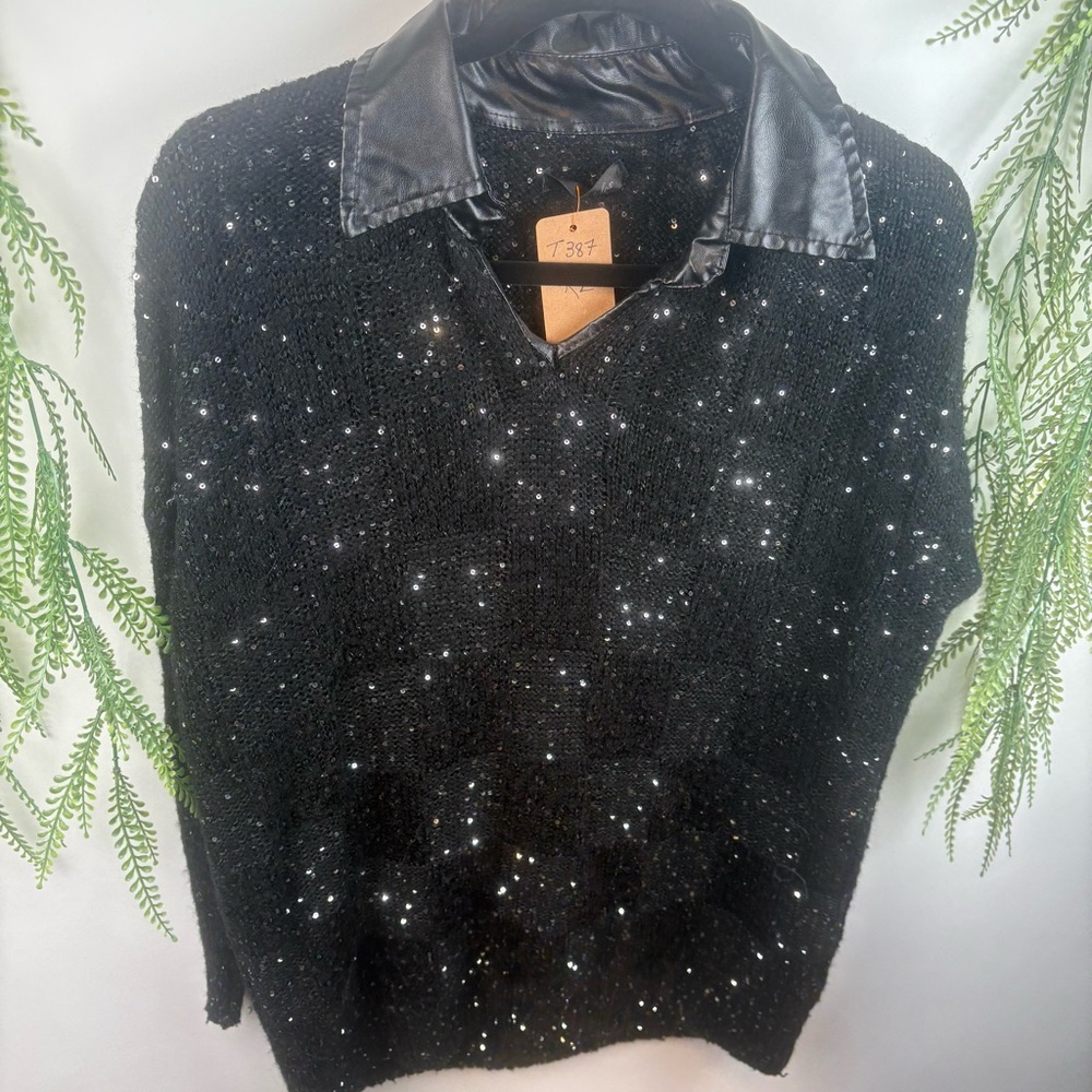 Little fox black sparkle sweater. Long sleeve size faux leather collar. Size LRG
